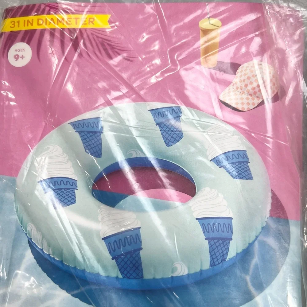 Lot Of 3 New Sun Squad Inflatable 31” Swim Tube Ice Cream Cone, Flower, Stripe - Picture 2 of 6